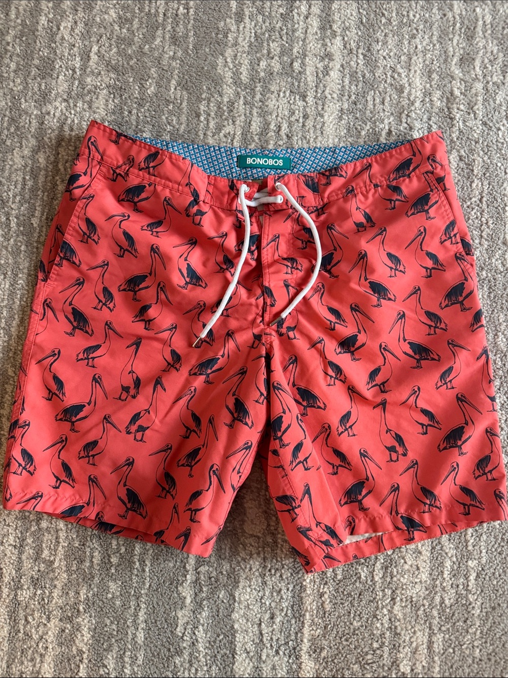 Bonobos Coral Swim Trunks with Navy Pelican Print